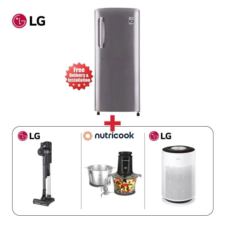 LG Air Purifier White + LG Stick Vacuum Cleaner Iron Grey + Nutricook Choppi 3L Electric Chopper + LG 190L Platinum Silver Refrigerator - Fresh & Healthy Home Bundle (101001000000177 + 101002000000714 + 301006000000127 + 101002000000045)