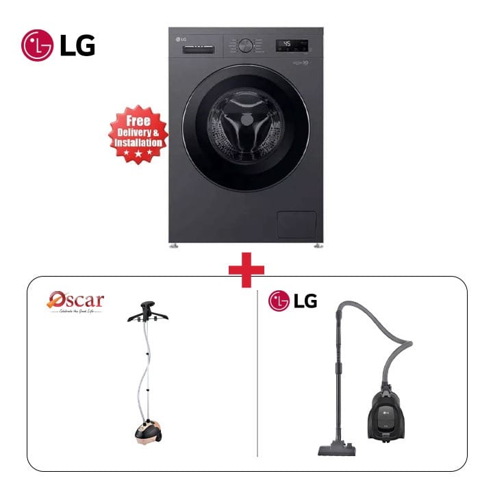 LG 8KG Front Load Washing Machine + Oscar 1.5L Garment Steamer with Wheels + LG 1800W Vacuum Cleaner Pearl Sparkle Silver - Complete Laundry Set Bundle (101002000000685 + 201002000000188 + 101002000000527)