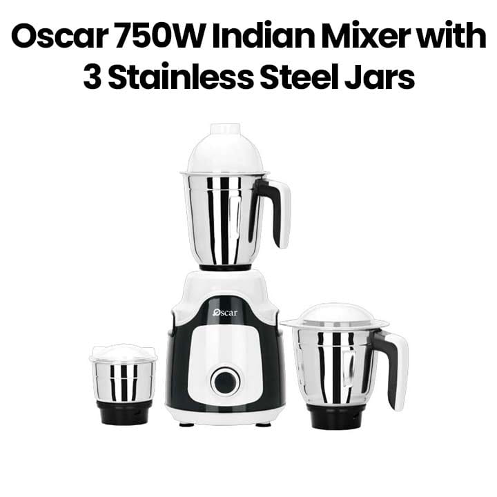 Oscar Indian Mixer 750W, 2 Stainless Steel Jars, Multi-Purpose Use, Durable Construction, Safety Lock System, Stable Operation - Black/White - OMG750INDK1