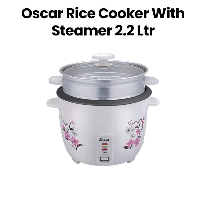Oscar Rice Cooker With Steamer Teflon And Glass Lid 2.2L, Steamer Basket Included, Teflon Coated Non Stick Inner Pot - White - ORC22WS