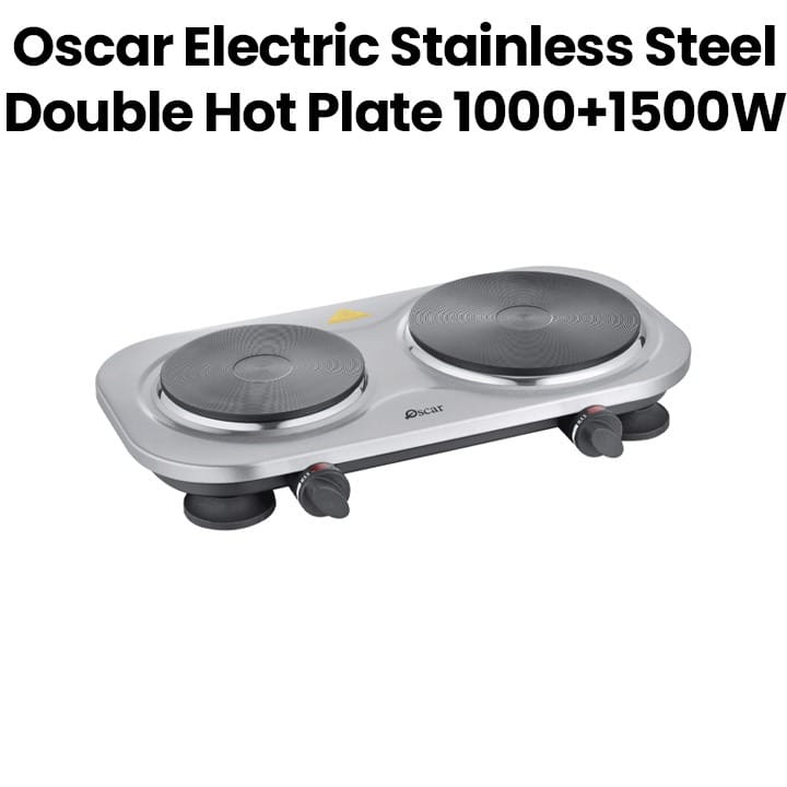 Oscar Electric Double Hot Plate 1000+1500W, Cast Iron Plates, Adjustable Heat Control, Safety Protection, Compact Build - Silver - OHP-20S1