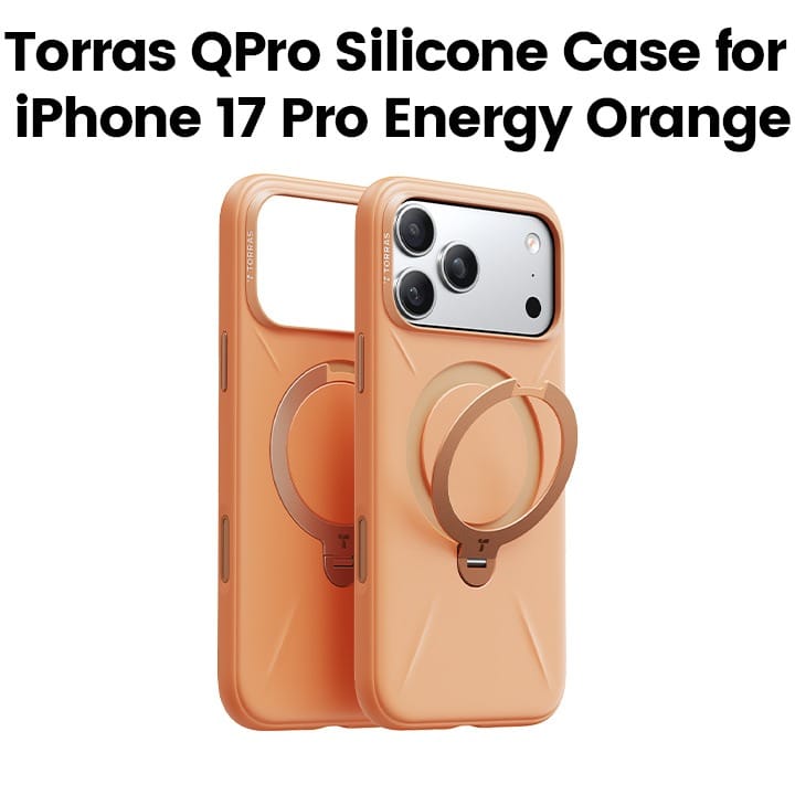 Torras QPro Silicone Case For Apple iPhone 17 Pro, 360° Rotating Stand, Anti-Fingerprint Finish, Raised Bezel Protection - Energy Orange - X00FX2594