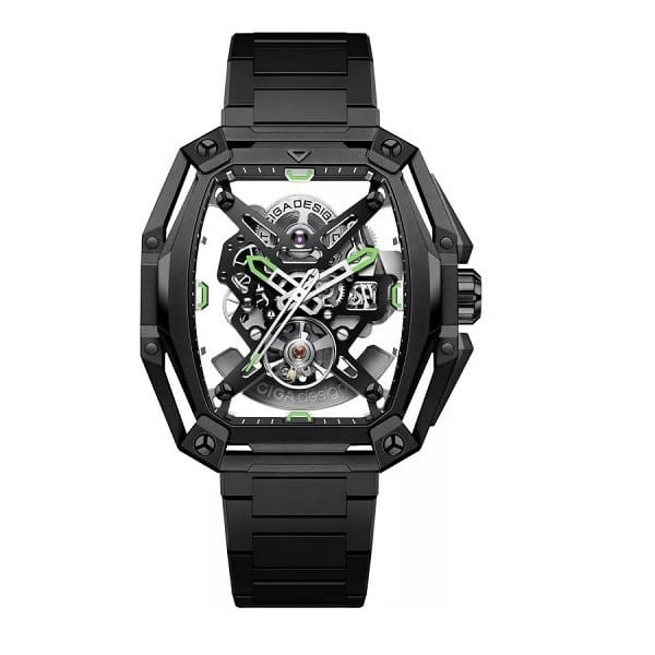 CIGA Design Z Series Hunter Black Automatic Watch, Tonneau Stainless Steel Case, Transparent Dial, Sapphire Crystal, Black Steel Bracelet, 30M Water Resistant