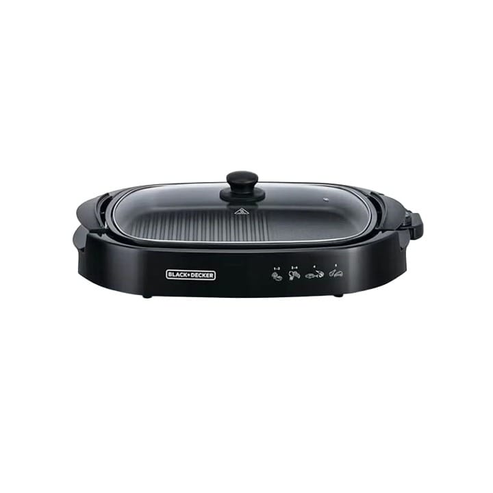 Black+Decker Flat Health Grill 1500W, Non-Stick Cooking Surface, Curved Glass Lid, Efficient Fat Draining System - Black - GH1500-B5
