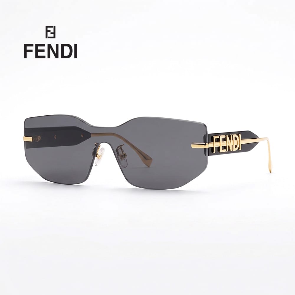 Fendi Unisex FE40066U Shield Sunglasses - Rimless Wraparound Design, Solid Grey UV Protection Lenses, Luxury Futuristic Designer Eyewear | Gold/Grey - 192337114472