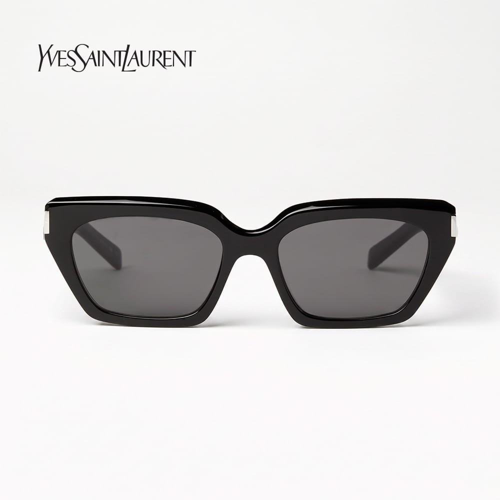 Saint Laurent Unisex SL 826 Cat-Eye Sunglasses - Engraved Logo Temples, Narrow Acetate Frame, UV Protection Lenses | Black/Black - 889652604947