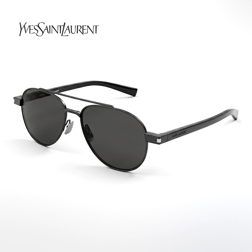 Saint Laurent Men SL 843 Pilot Sunglasses - Full Rim Metal Frame, Bio Nylon Category 3 UV Lenses, Engraved Logo Eyewear | Black/Black - 889652605845