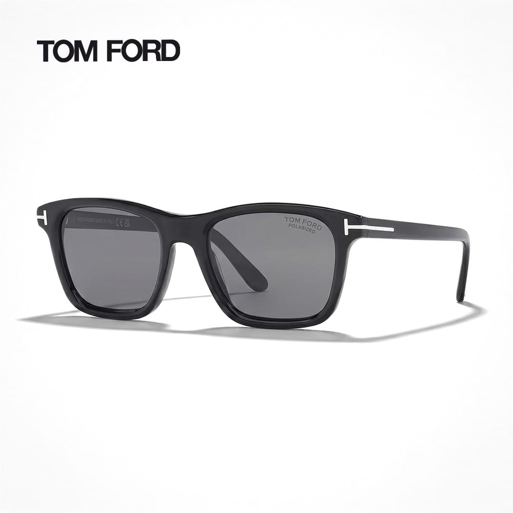 Tom Ford Unisex FT1179 Square Sunglasses - Bold Acetate Frame, Smoke UV Protection Lenses, Signature T Temple Detail | Shiny Black/Smoke - 889214548993