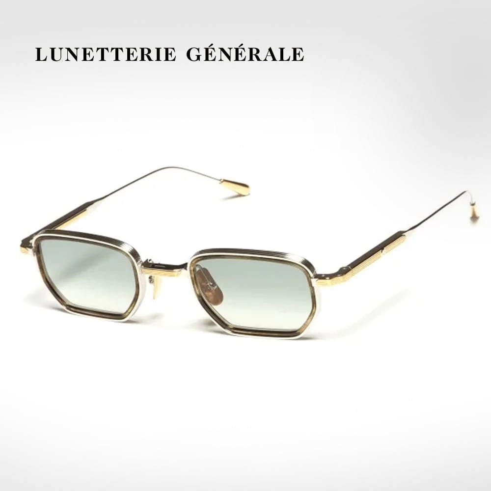 Lunetterie Generale Unisex Sunglasses-Titanium Frame, Olive Inlay Detail, Gradient UV Protection Lenses|Palladium/18K Gold & Blue-Green- All The Time In The World|990009928743