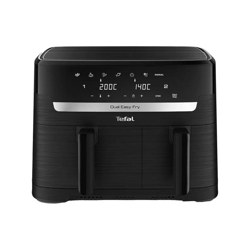 Tefal Dual Easy Fry Air Fryer, 2700W Oil-Less Dual Basket Air Fryer, Large Capacity, Digital Controls - Black/Grey - EY901N40 