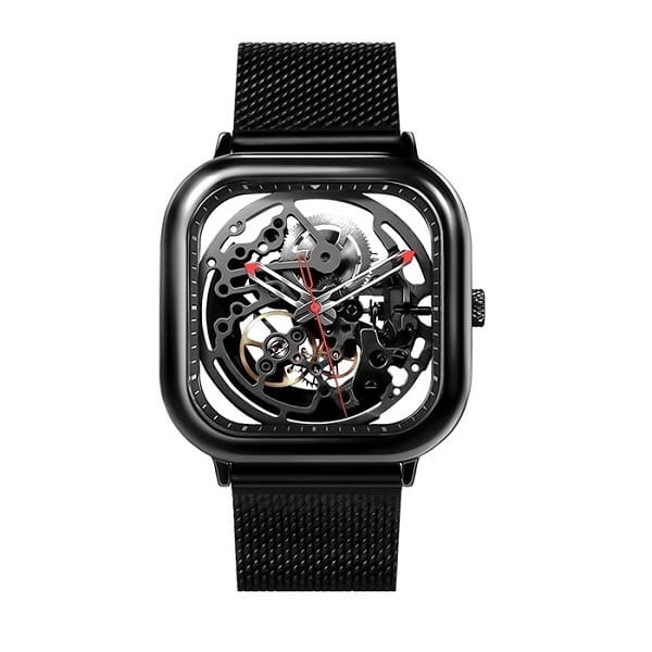 Ciga Design Full Hollow Automatic Black Watch, Seagull Automatic Movement, 316 Stainless Steel Case, Black Woven Steel Strap, 3ATM Water Resistant