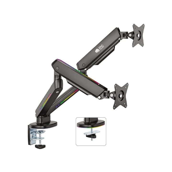 Epic Gamers Dual Gas Spring RGB Monitor Arm – Adjustable Dual Monitor Mount Stand | Black – EG-DGSMA-B