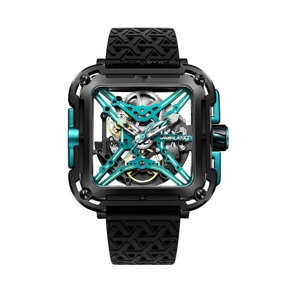 CIGA Design X Series Gorilla Skeleton Automatic Watch, Square Stainless Steel Case, Transparent Skeleton Dial, Sapphire Crystal, Silicone Strap, 30M Water Resistant
