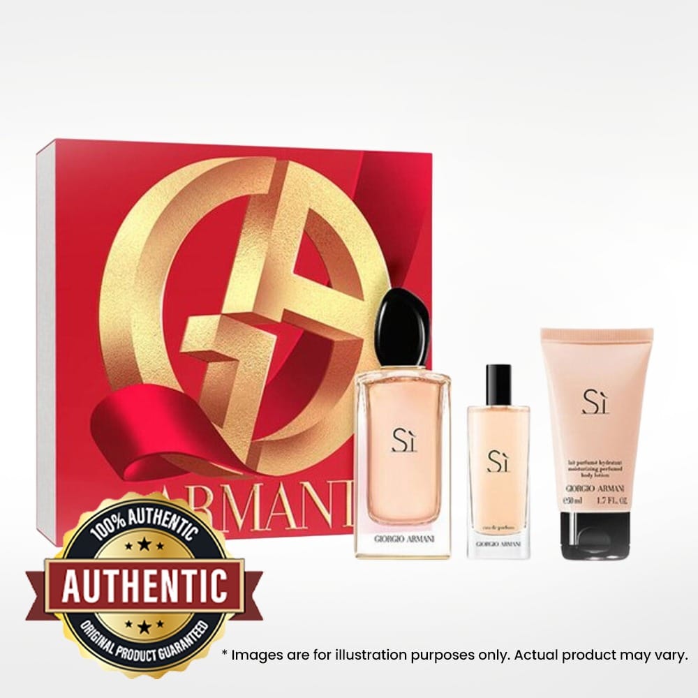 Giorgio Armani Sì Eau de Parfum for Women Gift Set, Elegant Floral Chypre Fragrance with Blackcurrant, Rose, Vanilla & Woody Notes - 100ml + 15ml Mini Spray + 50ml Body Lotion