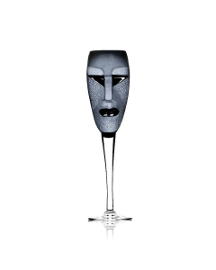 Maleras Kubik Champagne Glass, Handmade Mouth-Blown Black Crystal, Sandblasted Finish, Clear Crystal Stem, 25cl, Signed by Mats Jonasson