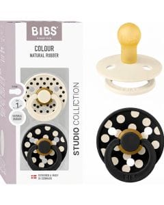 BIBS Polka Studio Colour Latex Round Pacifier Size 1 0+ Months 2 Pack, Ergonomic Shield Design, BPA-Free And Safe Materials - Ivory/Black