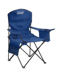 Coleman Cooler Quad Camping Chair with Built-In 4-Can Cooler, Padded Seat, Cup Holder, Side Pockets - Blue 