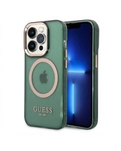 CG Mobile Guess MagSafe Case for iPhone 14 Pro Max, Khaki with Translucent Gold Outline, Shockproof Protective Cover