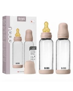 BIBS Round Latex Medium Flow Glass Baby Bottle 240ml 2 Pack , Natural Rubber Latex Nipple, BPA And PVC Free, Flow Controlled Feeding - Blush
