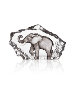 Maleras Elephant Crystal Sculpture, Handmade Swedish Cast Crystal, Hand-Painted Grey Elephant, Sandblasted Details, Signed by Mats Jonasson