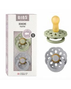 BIBS Boheme Pacifiers Size 1 0+ Months 2 Pack, Natural Rubber Latex Nipple, Seamless Feeding Transition, Gentle Shield Design - Sage/Cloud