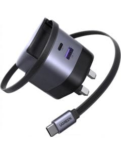 UGREEN 65W GaN USB-C Fast Charger with Built-In Retractable Cable, 3-Port PD Charging Adapter for MacBook Pro and Compatible Devices