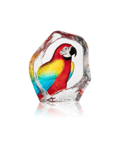 Maleras Parrot Crystal Sculpture, Handmade Swedish Cast Crystal, Hand-Painted Red Blue & Yellow Motif, Signed by Mats Jonasson