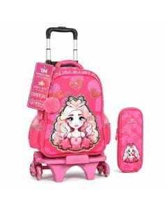 Glossy Bird Barbie Rolling School Backpack for Girls with 3-Wheel Trolley, Detachable Wheeled Book