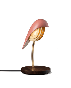 Daqi Concept Bird Light, Handcrafted Porcelain Bird Table Lamp, Walnut Wooden Base, Matte Gold Finish, Burnt Brick LED Ambient Light