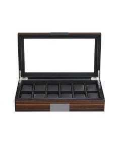 Luxury Signature Wooden Watch Box for 12 Watches, MDF Case with PU Leather Lining, Clear Glass Display Lid, Ebony Matte Finish