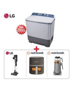 LG 12KG Twin Tub Washing Machine + Nutricook Air Fryer Essentials Vision Digital + LG Stick Vacuum Cleaner Fantasy Silver + Nutricook 2-in-1 Tea Maker - New Home Starter Bundle