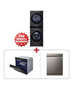 LG 19/16KG WashTower Washer Dryer Black + LG Electric Oven Matte Black Made in Korea + LG 14 Place Dishwasher Made in Korea