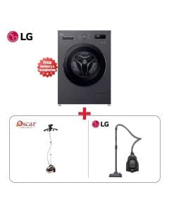 LG 8KG Front Load Washing Machine + Oscar 1.5L Garment Steamer with Wheels + LG 1800W Vacuum Cleaner Pearl Sparkle Silver - Complete Laundry Set Bundle