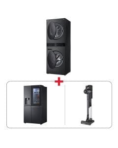 LG 12/10KG WashTower Washer Dryer Black + LG 674L Side-by-Side Refrigerator Black + LG CordZero A9K-CORE2 Stick Vacuum Cleaner