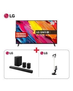 LG 55" QNED 4K Smart TV + LG 5.1 Channel 600W Soundbar + LG Stick Vacuum Cleaner Beige - Family Living Room Bundle