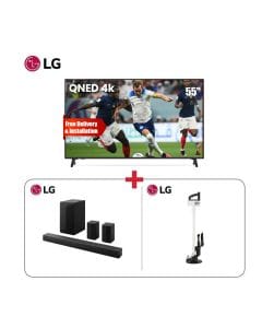 LG 55" QNED 4K Smart TV + LG 5.1 Channel 600W Soundbar + LG Stick Vacuum Cleaner Beige - Family Living Room Bundle