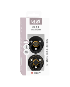 BIBS Layl Studio Colour Latex Round Pacifier Size 2 6+ Months 2 Pack, Ergonomic Shield Design, BPA-Free And Safe Materials - Black/Gold