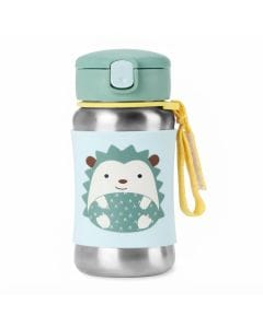 Skip Hop Zoo Hedgehog Stainless Steel Straw Bottle 12+ Months 350ml, No-slip Silicone Sleeve, Flexible Straw Flips Down To Stay Clean - Multicolour