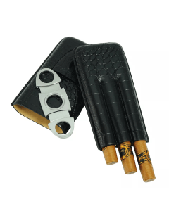 Luxury Signature 3 Ct PU Leather Cigar Case Black, Imitation Croco Leather Finish, Stainless Steel Cutter Included, 187x90x22mm