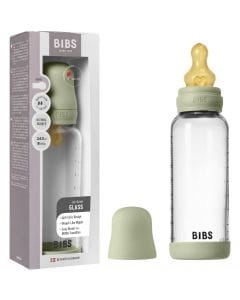 BIBS Round Latex Medium Flow Glass Baby Bottle 240ml, Natural Rubber Latex Nipple, BPA And PVC Free, Flow Controlled Feeding - Sage