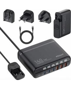 PEGANT 140W GaN USB-C Charger, 6-Port Fast Charging Station with PD 3.0 and QC 5.0 for Desktop and Travel Use