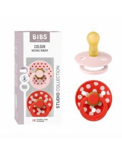 BIBS Polka Studio Colour Latex Round Pacifier Size 2 6+ Months 2 Pack, Ergonomic Shield Design, BPA-Free And Safe Materials - Blossom/Candy Apple