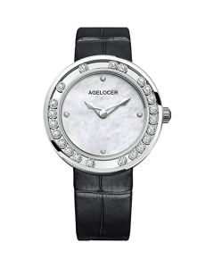 Agelocer Baikal White Quartz Watch, 36mm 316L Stainless Steel Diamond Case, Cal.1850 Movement, Sapphire Style Dress Watch, Leather Strap