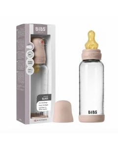 BIBS Round Latex Medium Flow Glass Baby Bottle 240ml, Natural Rubber Latex Nipple, BPA And PVC Free, Flow Controlled Feeding - Blush