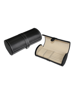 Luxury Signatur Round Watch & Jewelry Box, Black Carbon Fiber PU Leather Storage Case, Premium Organizer for Watches & Jewelry