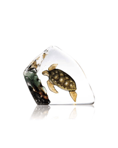 Maleras Sea Turtle Crystal Sculpture, Handmade Swedish Cast Crystal, Hand-Painted Green Finish, Sandblasted Design, Signed by Mats Jonasson