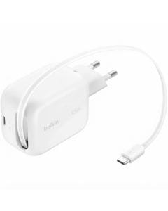 Belkin 45W UltraCharge GaN Wall Charger with Retractable USB-C Cable and Extra Port, Fast Charging Adapter for iPhone and Compatible Devices