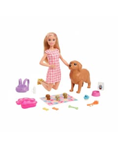 Barbie Newborn Pups Playset with Doll, Mommy Dog & 3 Puppies