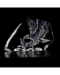 Maleras Hunting Eagle Crystal Sculpture, Handcrafted Glass Art by Mats Jonasson, Intricate Etching