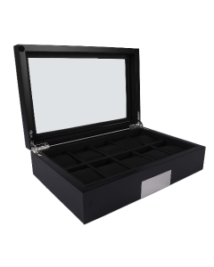 Luxury Signature 10 Slots Wooden Watch Box, Black MDF with Oak Veneer Finish, PU Leather Cushioned Pillows